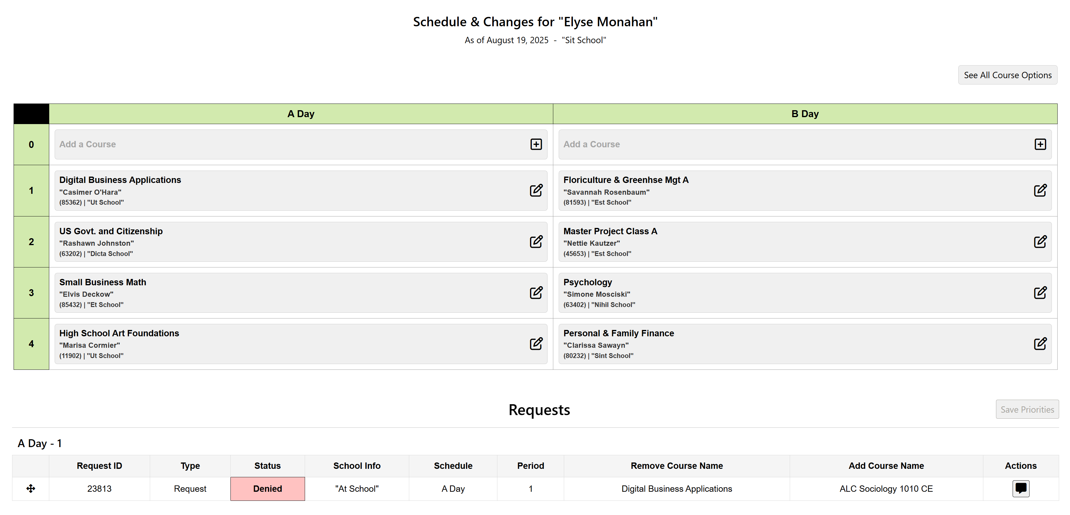 Student Schedule Changes